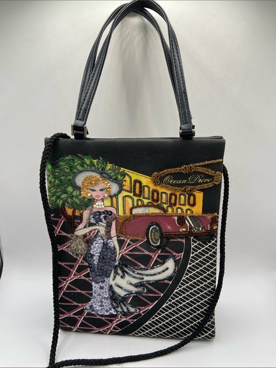 None Handbags - Vintage Ocean Drive Handbag Shoulder Purse Sequined Beaded Art Deco Black